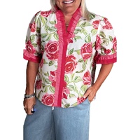 Rose Plus Size Floral Print Frilled Stripes Detail Short Sleeve Blouse - 3X thumbnail