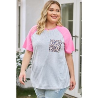 Stripe Leopard Patch Pocket Plus Size Raglan Sleeve Tee - 2X thumbnail