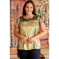 Gold Plus Size Floral Embroidered Short Sleeve Top - 1X thumbnail