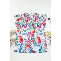 Red Plus Floral Print Ruffle Cap Sleeve V Neck Blouse - 1X thumbnail