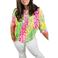 Multicolour Leopard Color Block Knitted Crewneck Plus Size T Shirt - 3X thumbnail