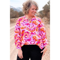 Pink Plus Size Abstract Floral Print V Neck Blouse - 2X thumbnail