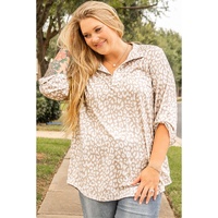 Apricot Leopard Tab Sleeve V Neck Plus Size Top - 1X thumbnail
