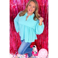 Turquoise Cordrd Balloon Sleeve Collar Plus Babydoll Top - 4X thumbnail