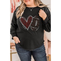 Black Rhinestone Heart Rugby Football Pattern Sequin Patched Sleeve Plus Size Top - 2X thumbnail