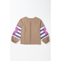 Light French Beige Flower Striped Patchwork Puff Sleeve Loose Sweatshirt - 1X thumbnail