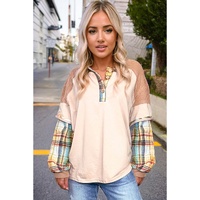 Parchment Plus Size Plaid Patchwork Layered Henley Top - 1X thumbnail