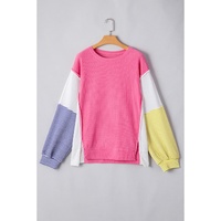 Rose Red Colorblock Patchwork Striped Puff Sleeve Plus Size Top with Slits - 1X thumbnail