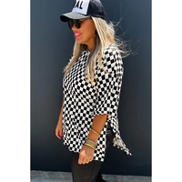 Black Checkered Print Side Slits O Neck Plus Size T Shirt - 3X thumbnail