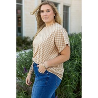 Khaki Checkerboard Short Batwing Sleeve Round Neck Plus Size T Shirt - 1X thumbnail