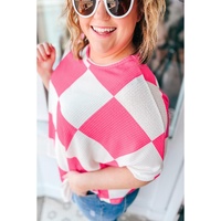 White Textured Checkerboard Round Neck Plus Size T Shirt - 2X thumbnail