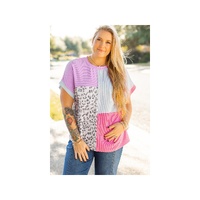 Rose Red Leopard Colorblock Patchwork Corded Knit Plus Size T Shirt - 2X thumbnail