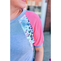 Sky Blue Leopard Print Patch Colorblock Plus Size T Shirt - 1X thumbnail