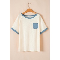 Beige Raw Seam Contrast Color Patchwork Plus Size Top - 1X thumbnail