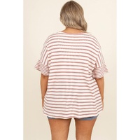 Pink Stripe Waffle Knit Pocketed Half Sleeve Plus Size T Shirt - 1X thumbnail