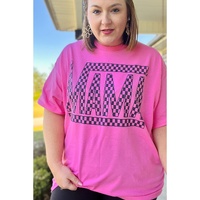 Bright Pink Checker MAMA Letter Printed Graphic Plus Size T Shirt - 1X thumbnail