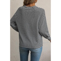 Black Stripe Drop Shoulder Puff Long Sleeve O Neck Plus Size T Shirt - 1X thumbnail