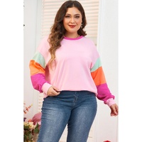 Pink Colorblock Patchwork Long Sleeve Plus Size Top - 1X thumbnail