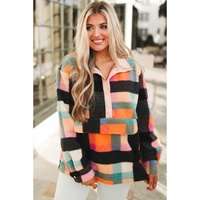 Black Plus Size Checkered Print Sherpa Henley Sweatshirt - 3X thumbnail
