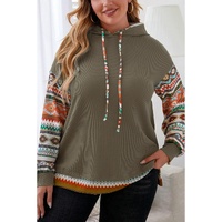 Jungle Green Aztec Patchwork Sleeve Waffle Drawstring Plus Hoodie - 4X thumbnail