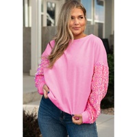 Pink Plus Size Sequin Sleeve Drop Shoulder Sweatshirt - 1X thumbnail