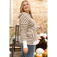 Brown Stripe Quarter Buttons Drop Sleeve Plus Size Hoodie - 3X thumbnail