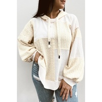 Beige Textured Patchwork Exposed Seam Plus Size Hoodie - 1X thumbnail