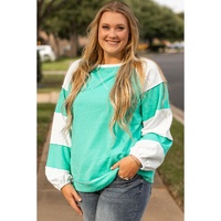 Aruba Blue Colorblock Patchwork Cross Seam Plus Sweatshirt - 3X thumbnail