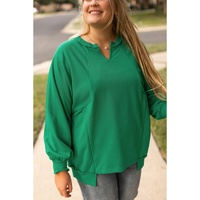 Bright Green Exposed Seam Notched Neck Drop Shoulder Plus Sweatshirt - 1X thumbnail