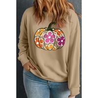 Apricot Plus Size Floral Pumpkin Print O Neck Halloween Sweatshirt - 1X thumbnail