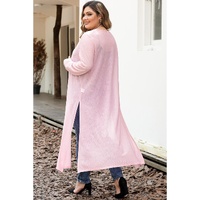 Azura Exchange Pink Sheer Knitted Long Side Slit Plus Size Cardigan - 1X thumbnail