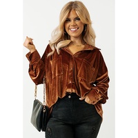 Chestnut Plus Size Velvet Chest Pocket Drop Shoulder Shirt - 2X thumbnail