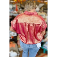 Rose Red Plus Size Metallic Sheen Short Sleeve Button Up Shirt - 1X thumbnail