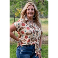 Khaki Plus Size Western Pattern Print Buttoned Short Sleeve Shirt - 2X thumbnail
