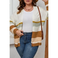 Beige Plus Size Striped Print Open Front Cardigan - 1X thumbnail