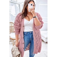 Pink Open Knit Button-Up Plus Size Cardigan - 2X thumbnail