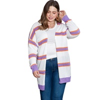 Beige Plus Size Striped Dropped Shoulder Sweater Cardigan - 2X thumbnail