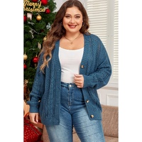 Real Teal Open Knit V Neck Button Front Drop Shoulder Plus Size Cardigan - 3X thumbnail