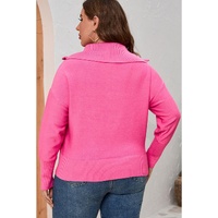 Rose Solid Ribbed Trim Plus Size Zip Collar Sweater - 2X thumbnail