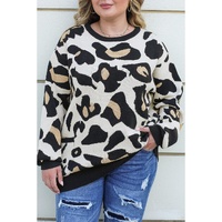 Leopard Ribbed Trim Pocketed Plus Size Sweater - 1X thumbnail