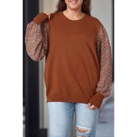 Brown Plus Size Printed Splicing Sleeve Ribbed Trim Sweater - 1X thumbnail