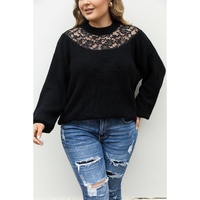 Black Plus Size Ribbed Knit Lace Splicing High Neck Sweater - 1X thumbnail