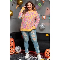 Bright Pink Plus Size Leopard Ribbed Trim Sweater - 1X thumbnail