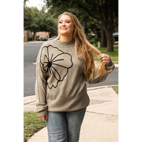Dark Khaki Plus Size Big Flower Pattern High Neck Drop Shoulder Sweater - 3X thumbnail