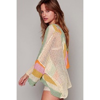 Beige Pointelle Knit Colorblock Patchwork V Neck Hooded Plus Sweater - 1X thumbnail
