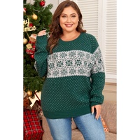 Green Christmas Snowflake Pattern Drop Shoulder Plus Size Sweater - 1X thumbnail