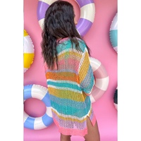 Pink Stripe Plus Size Open Knit Patch Pocket Short Sleeve Sweater - 1X thumbnail