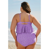 Purple Plus Size Polka Dot Print Ruffled Knotted V Neck Tankini Set - 2X thumbnail