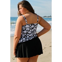 Black Plus Size Printed Square Neck Drawstring Ruffled Tankini Set - 2X thumbnail