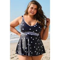 Black Polka Dot Trim V Neck Plus Size Swim Dress - 1X thumbnail